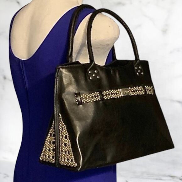 Sergio Gutierrez SG Liquid Metal Black Leather Tote Bag Italy Silver Mesh Chic - Picture 13 of 13